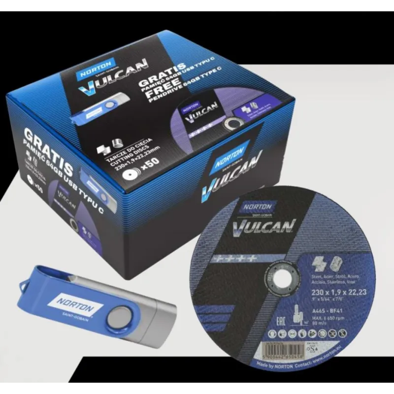 Tarcza do cięcia metal/inox Vulcan 230x1.9x22.23 (zestaw 50szt. + pamieć USB C 64GB) NORTON (N9366)