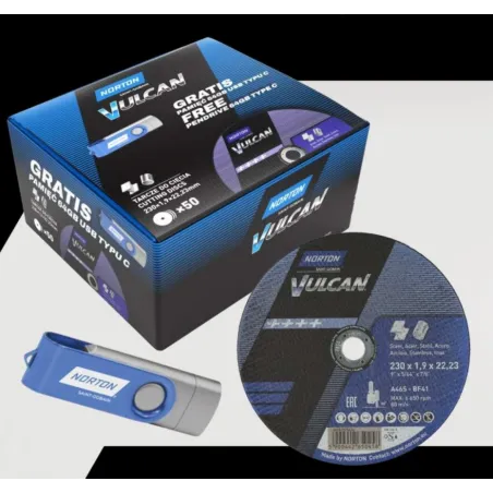 Tarcza do cięcia metal/inox Vulcan 230x1.9x22.23 (zestaw 50szt. + pamieć USB C 64GB) NORTON (N9366)
