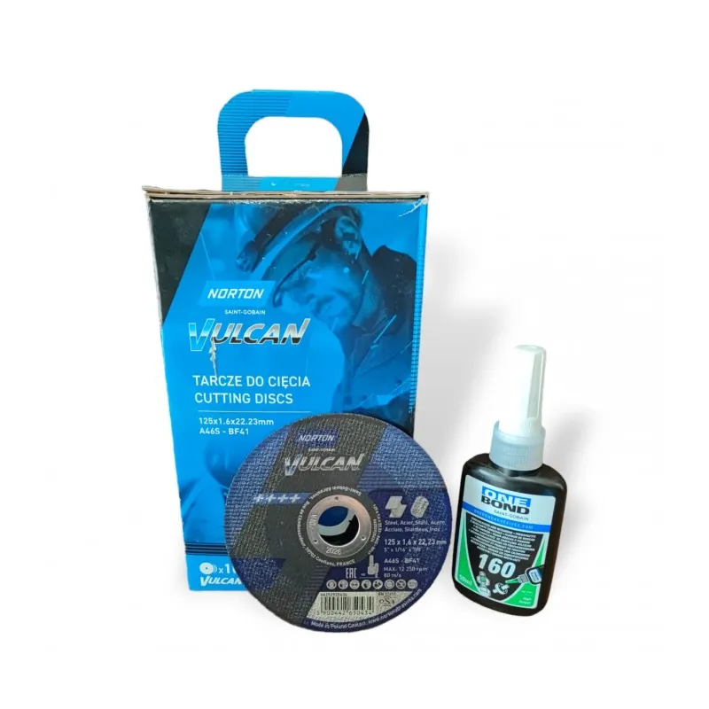 Tarcza do cięcia metal/inox Vulcan 125x1.6x22.23 (zestaw 100szt.) + klej do gwintów (N6958)