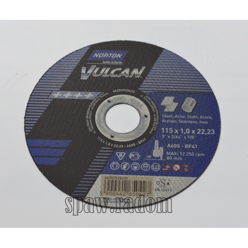 Tarcza do cięcia metal/inox Vulcan 115x1.0x22.23 NORTON (N0046)