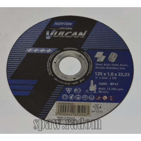 Tarcza do cięcia metal/inox Vulcan 125x1.0x22.23 (zestaw 10szt. w puszcze) NORTON (N4799)