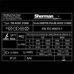 315A Spawarka inwertorowa DIGITIG 315GD pulse AC/DC SHERMAN (TEC9370) + zestawy