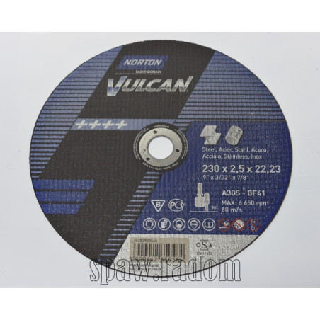 Tarcza do cięcia metal/inox Vulcan 230x2.5x22.23 NORTON (N0056)