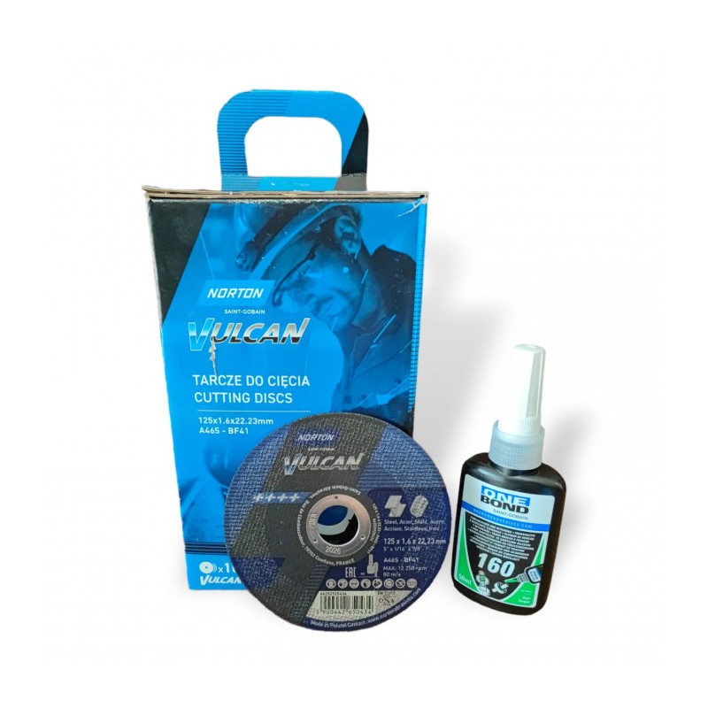 Tarcza do cięcia metal/inox Vulcan 125x1.6x22.23 (zestaw 100szt.) + klej do gwintów (N6958)