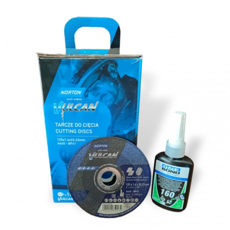 Tarcza do cięcia metal/inox Vulcan 125x1.6x22.23 (zestaw 100szt.) + klej do gwintów (N6958)